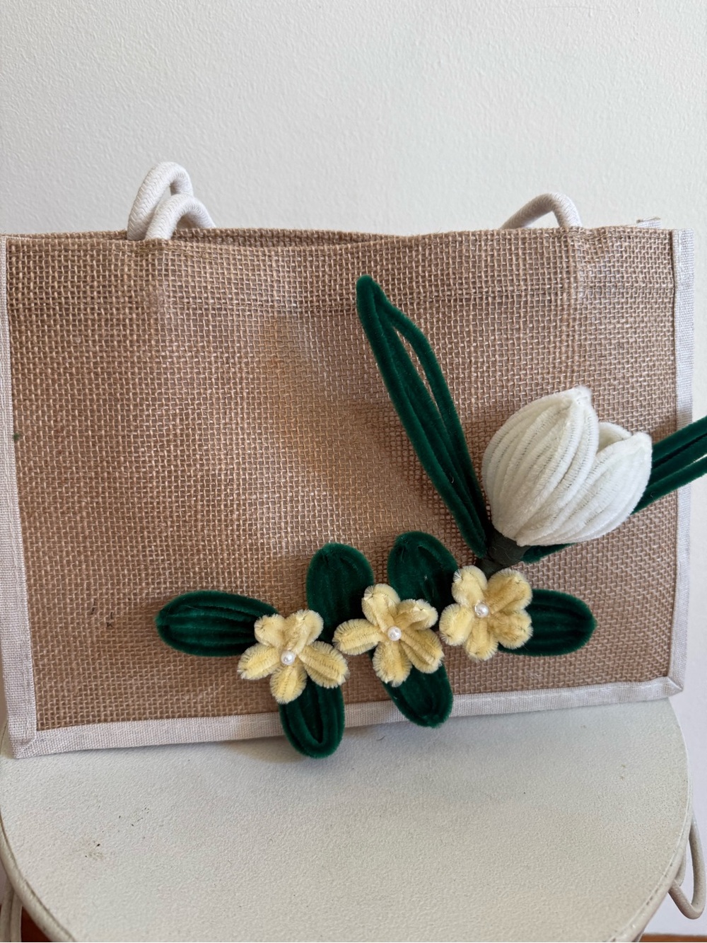 White & Green Floral Burlap Tote Bag